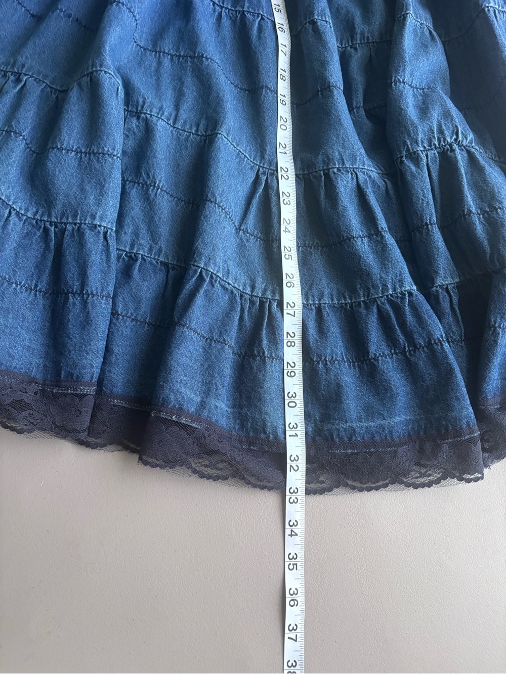 Mix nouveau Layered Denim western boho prairie tiered Maxi Skirt Sz Med lace - Picture 8 of 9